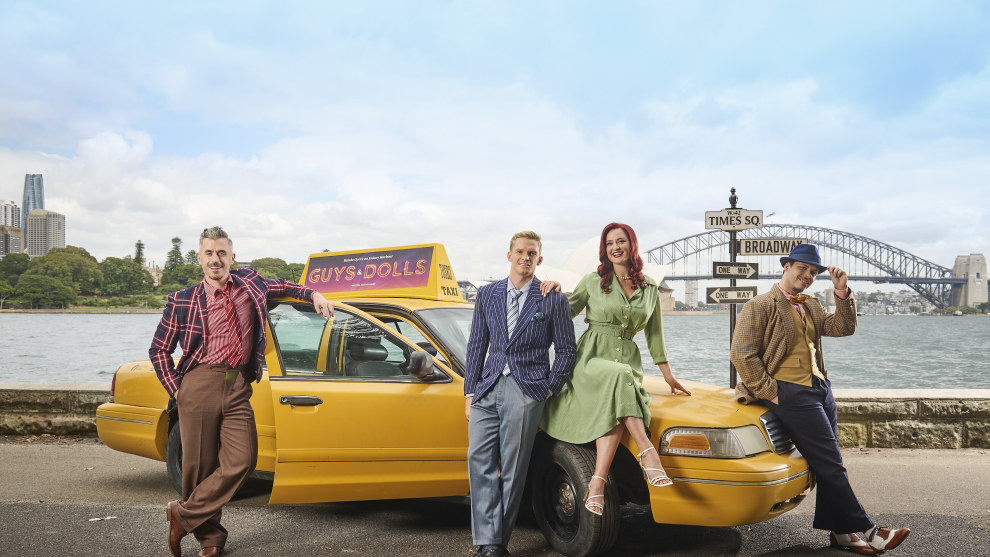 Bobby Fox as Nathan Detroit, Cody Simpson as Sky Masterson, Annie Aitken as Sarah Brown and Jason Arrow as Nicely-Nicely Johnson in Guys & Dolls on Sydney Harbour.
