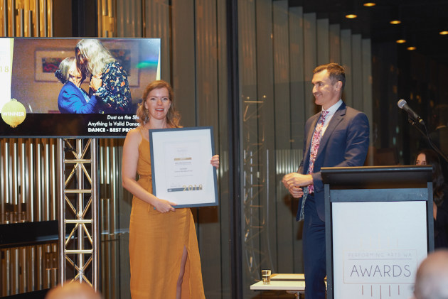 Serena Chalker receiving the PAWA Award for Best Production (Dance) from MP John Carey. Photo: Rebecca Mansell.