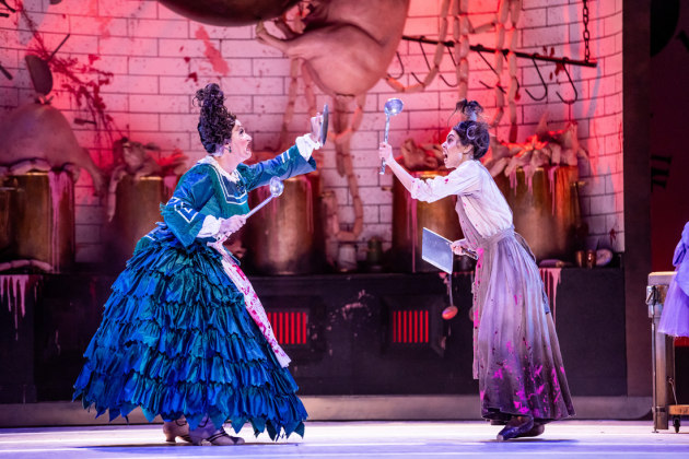 Ben Davis as the Duchess and Larissa Kyoto-Ward as the Cook. Photo by Daniel Boud.