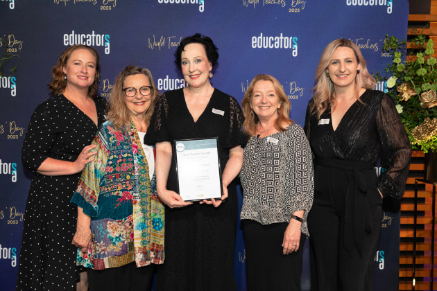 Photo from World Teachers' Day 2023: Amanda Phillips (centre) with(from left): Cherie Broad; Robyn Callan; Amanda Kimber; Rebecca Wilson. Photo by Heidi Wolff.