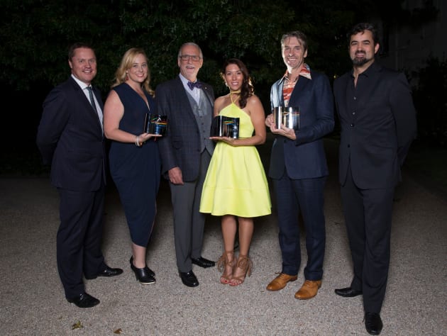 Mark Warburton (Chair, ATYP), Amy Maiden (General Manager, ATYP), Carrillo Gantner AO (Chairman, Sidney Myer Foundation), Kathy Burns (Artistic Director, Barkly Arts), Gavin Webber (The Farm), Fraser Corfield (Artistic Director, ATYP).  Photo:  Fiona Hamilton.