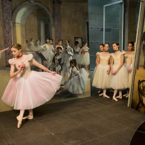 The Australian Ballet&rsquo;s Sarah Thompson and students from The Australian Ballet School with Edgar Degas&rsquo; "A cotton office in New Orleans" 1873 and "Rehearsal hall at the Opera, rue Le Peletier "1872. &nbsp;