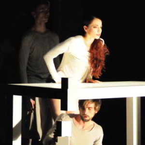 With Tars Vandebeek (background) and Sebastian Kloborg performing in &lsquo;Burning
Bridges&rsquo;, choreographed by Jiri Bubenicek.