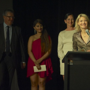 Emma Sandall (also one of Dance Australia's correspondents) accepts the Award for Outstanding Achievement in Choreography for Fleck&Flecker (co-created with Cass Mortimer Eipper).  Photo:  Neil Wallace.