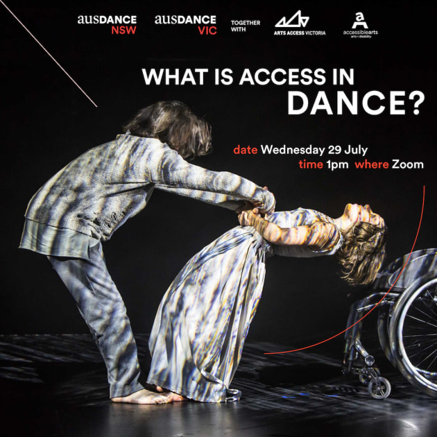 Artists Matt Shilcock and Melinda Omokaro in Murmuration&rsquo;s &lsquo;Days Like These&rsquo; (2018). Photo: Giselle Vollmer.  Image description: Two dancers are intertwined together through their arm movements. From the left the dancer is bent over with his arms stretched downwards and they are linked with the hands of the dancer on the right. Her head is facing upwards with her body leaning backwards. To the right of the image is a wheelchair. Coloured image on a blacked-out stage, stage lighting shining on the artists.