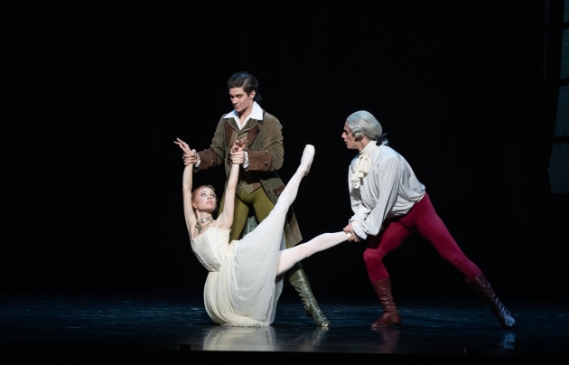 Mia Heathcote as Manon, Alexander Idaszak as Lescaut and Vito Bernasconi as Monsieur GM. Photo by David Kelly.