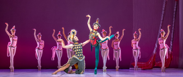 Izaak Westhead as the Dodo and Kiki Saito as the Eaglet with ensemble as flamingos.