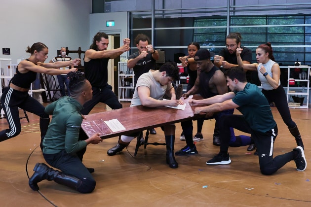Jason Arrow (as Hamilton) and ensemble - rehearsals.
Photo: Lisa Maree Williams