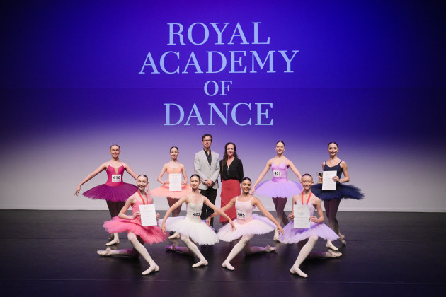 (From left, holding certificates): Jessica Cooper, Emily Buckley, Amy Westcott and artistry award winner Pippa Moore??? with adjudicators Matthew Lawrence and Lucinda Dunn.