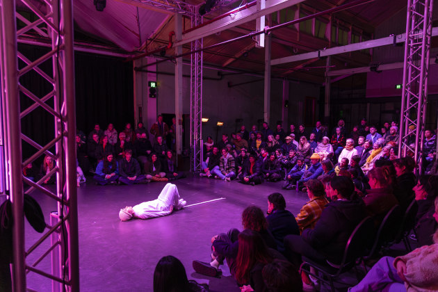 Kady Mansour performing in her work, 'Menstruation, the Musical'. Photo by Mark Gambino.