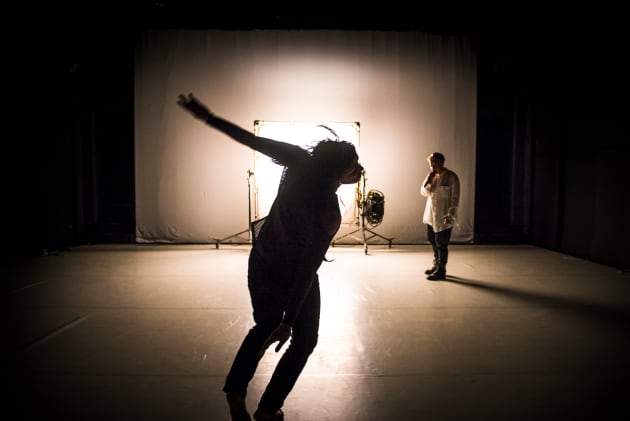 Paea Leach in her work 'one and one and one', created for the 2016 Keir Choreographic Award. In the background is Sydney based performance poet Candy Royalle.
Photo: Gregory Lorenzutti