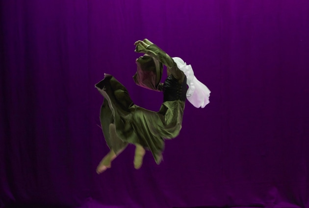Rebecca Jensen performing her solo, 'Slip'. 
Photo: Zan Wimberley