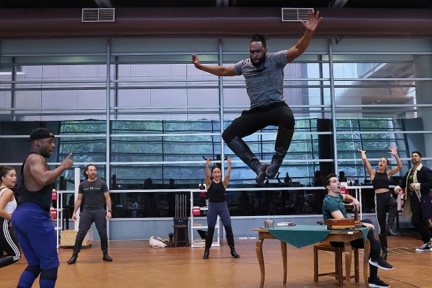 Hamilton rehearsals in Sydney. Pictured are Victory Ndukwe (Lafayette and Thomas Jefferson) and ensemble. Photo by Lisa Maree Williams.