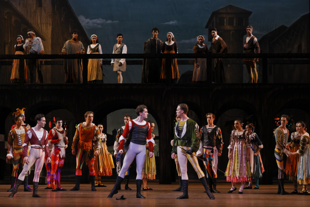 Callum Linnane (Romeo), Adam Bull (Tybalt) and artists of the Australian Ballet. Photo by Jeff Busby.
