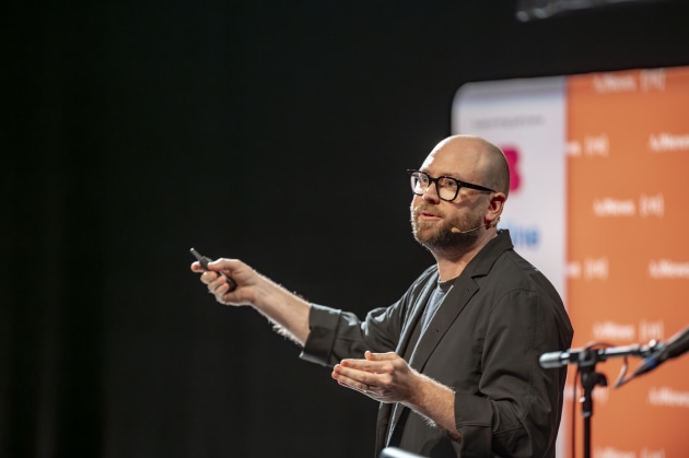 Joel Pember on stage at AdNews' Perth L!VE.