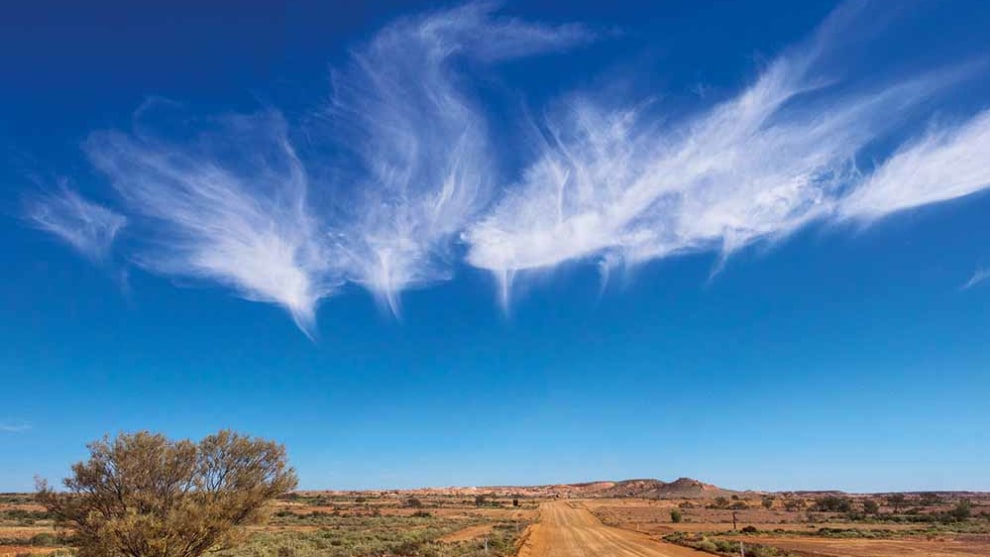 Cirrus clouds in the jet stream, seen from just north of the Breakaways near Coober Pedy, SA. &copy; Margaret Brown