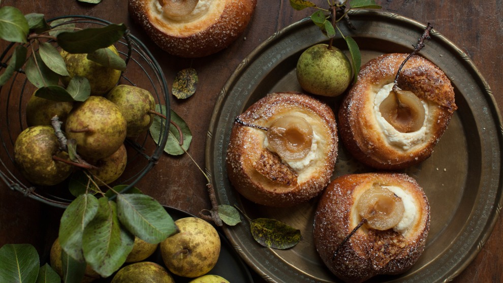 Marks & Spencer Food Portraiture. Linda Taylor, USA. Pastry and Pears. My small, imperfect pears from my tree were gifted to my local baker and they were transformed into these perfect little brioche and ricotta pastries.