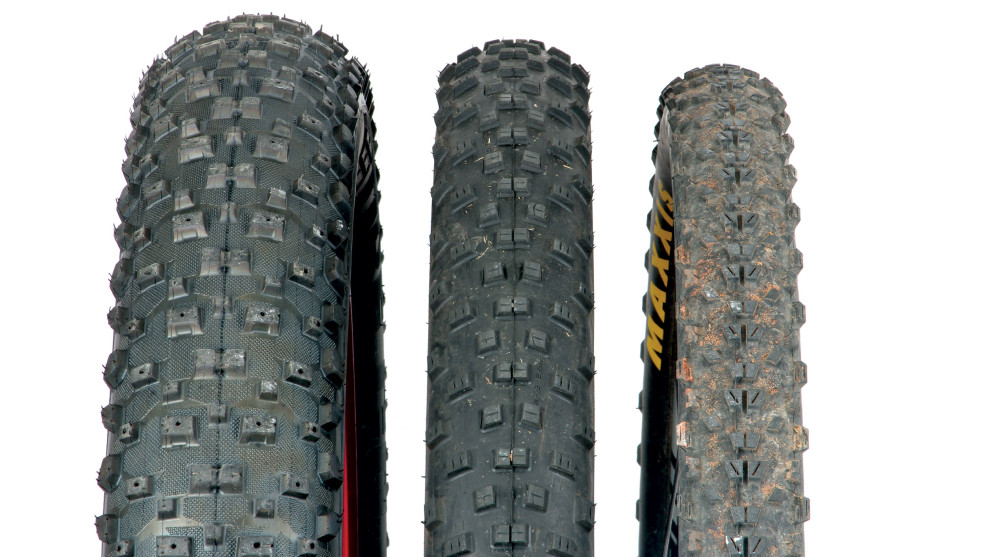 Stacked side by side; a 2.4 Maxxis Ardent on a regular 21mm rim, the 3.0 Schwalbe plus tyre and the behemoth 4.8 Snowshoes - pretty easy to pick which is which!