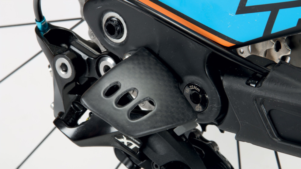 This little carbon guard ads a modicum of protection for the 11-speed XT derailleur.