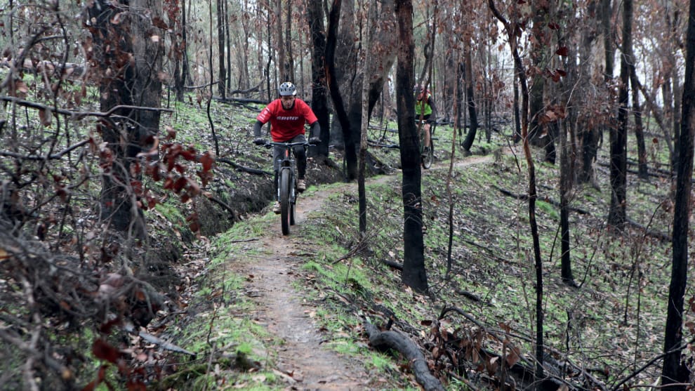 The steady gradient of the water races makes light work of the climbs - pedalling up 'Highway to Hill' on the Red Loop.