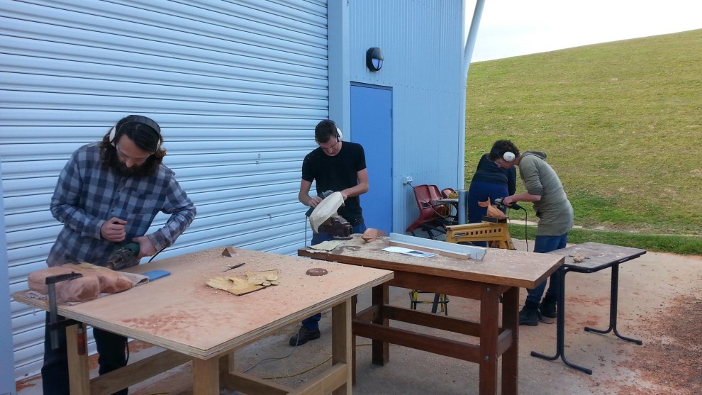Students using Arbortech tools to carve during the annual workshop with John Van Der Kolk.