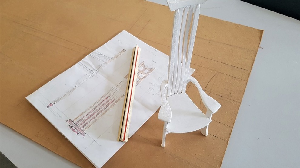 Concept sketch and scale model of an armchair from a current Certificate II student, emphasising the importance of thorough design.