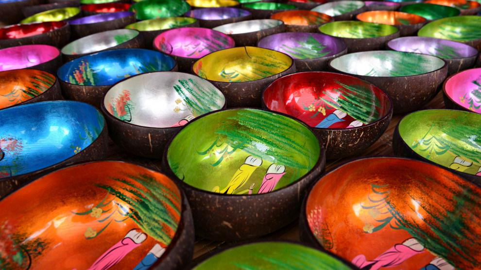 Colourful bowls at a market in Vietnam. &copy; David Lazar