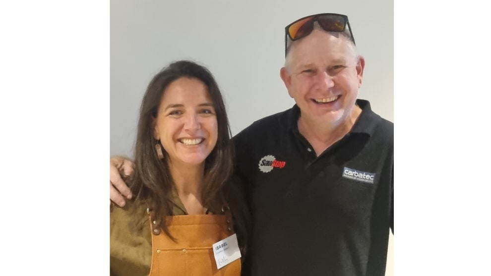 Isabel Atienza from En Mina Leather with Tony Forbes, Product Manager, Carbatec.