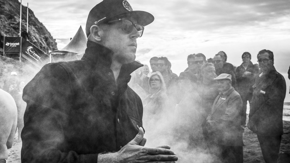 Jan Wainwright-Wilson, Welcome Ceremony. Mick Fanning competing in his final WCT event at Bells Beach is carried from the beach after his final heat of his professional surfing career. He finished runner up in the Rip Curl Pro.