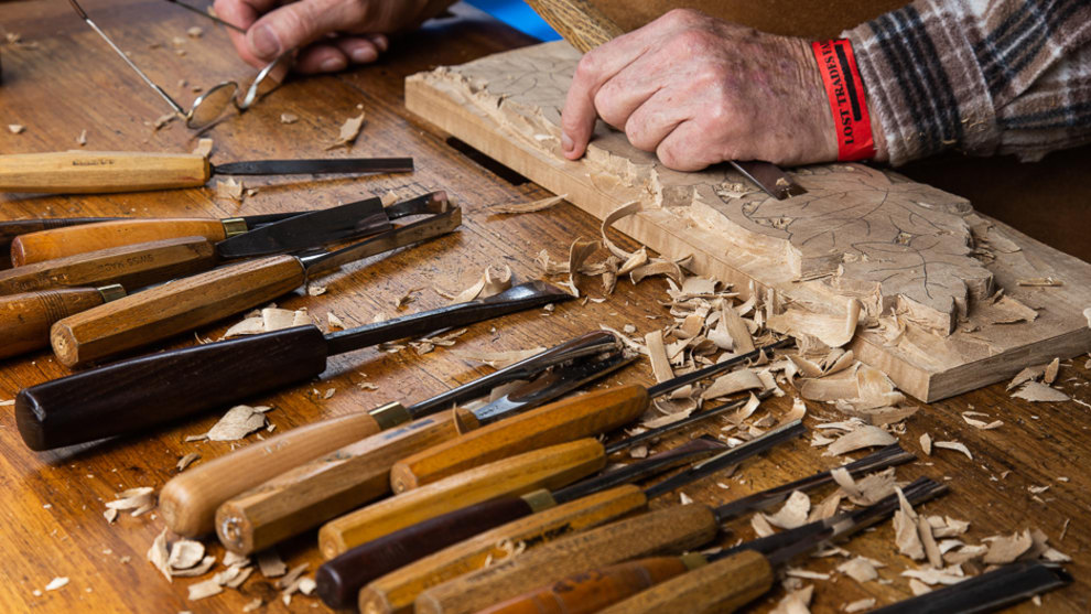 Master carver Bruce Weier's tools of trades. Lost Trades Fair, Toowoomba, Qld, October 2019. Photo: Patrick Szewczuk