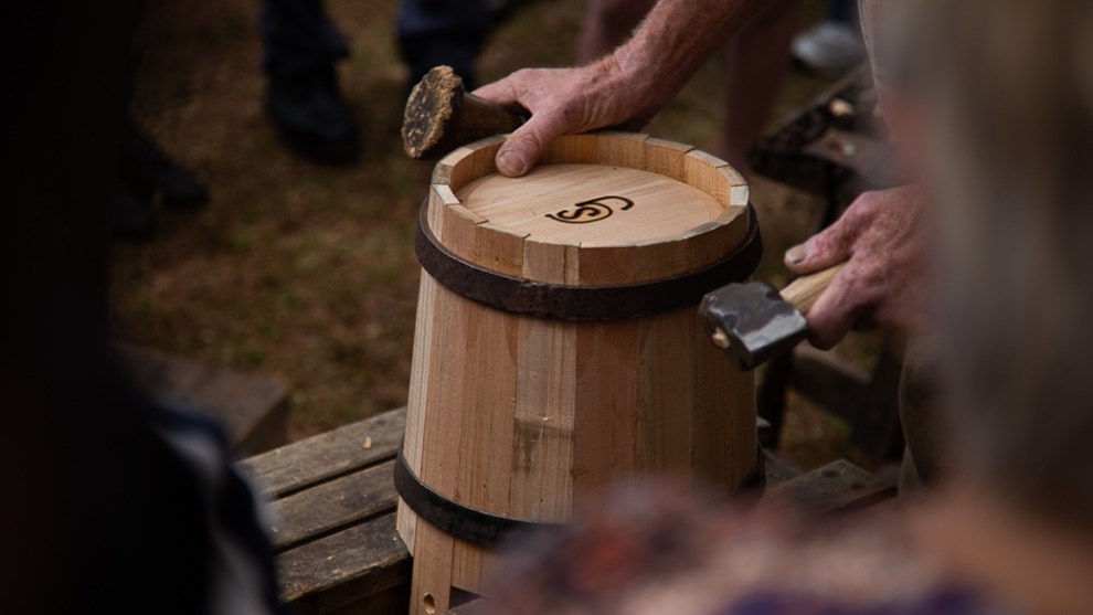 Sixth generation cooper George Smithwick demonstrates his craft at Lost Trades Fair in Toowoomba, Qld in October 2019. Photo: Patrick Szewczuk