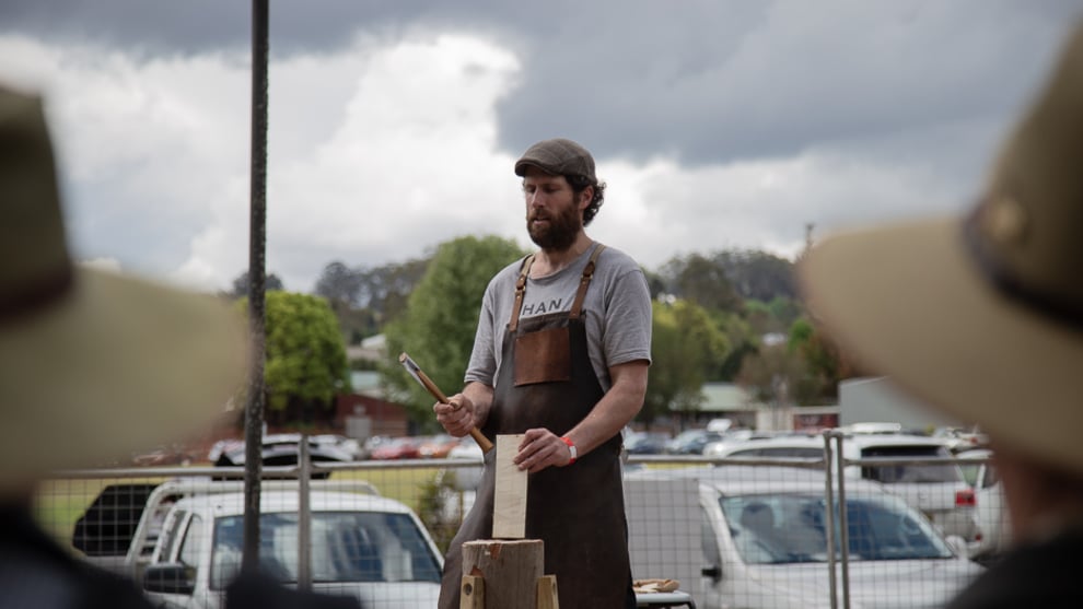 Spooncarving demo by Peter Trott at Lost Trades Fair in Toowoomba, Qld in October 2019. Photo: Patrick Szewczuk