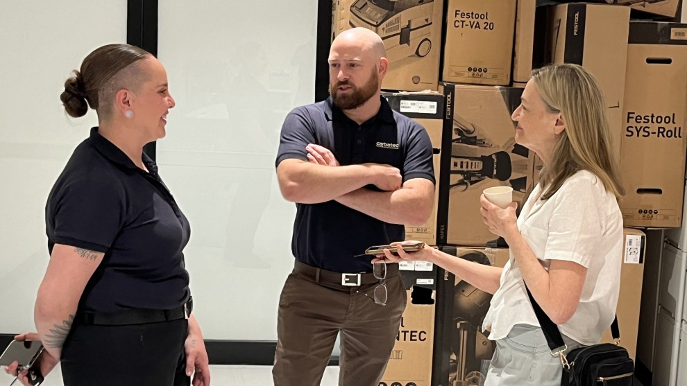 Coffee and conversation &ndash; from left, Maddie Bidgood, National Retail Manager; Simon Lowe CEO and Linda Nathan, Wood Review editor.