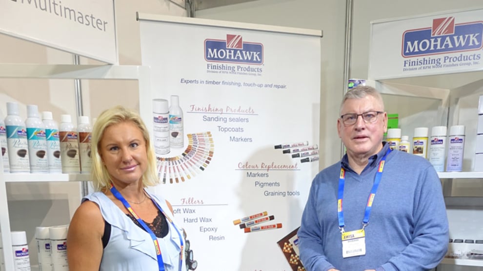 Graham Smith and staff member from Multimaster, distributors of Mohawk finishes and Mohawk Permafill wood repair system, amongst other brands.