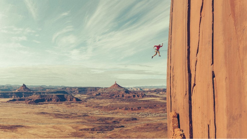 &copy; Will Saunders. Overall winner, RedBullIllume Image Quest 2021, and category winner of Masterpiece by SanDisk Professional. Jake Talley striking a pose as he takes a lead fall on a spectacular rock tower in Indian Creek, Utah.