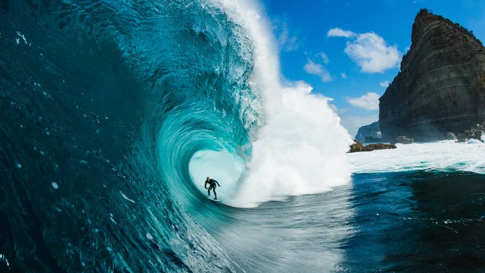 Stu Gibson's winning shot of Mikey Brennan at Shipstern Bluff off the south-east coast of Tasmania. "This day was a big-tow day," said Gibson. "In the morning the light popped for about 20 minutes then it went back to cold and ugly 'shippies'."