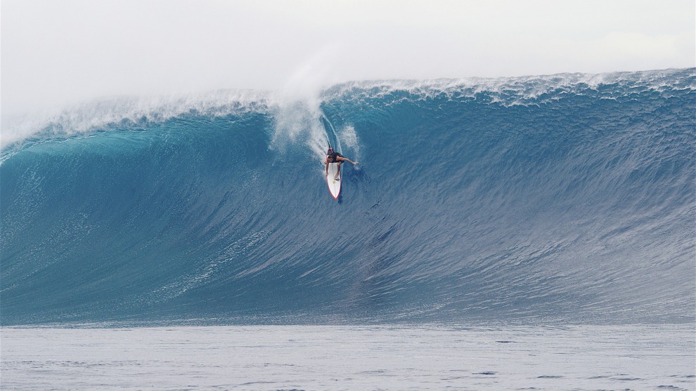 Ted Grambeau, Late Laurie. Laurie Towner making the latest of drops of the swell of the year at Cloud Break Fiji. Laurie was greeted by round of applause by the whole line up that consisted of the worlds best big wave riders. The wave was during swell saw some of the biggest waves ever ridden at famous Fijian reef.