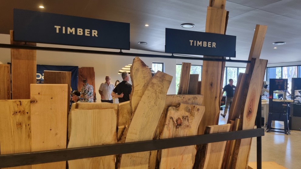 Wood slabs take centre stage in the new showroom.