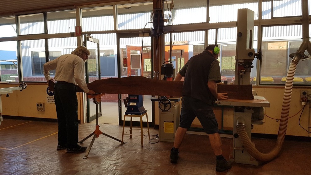 Never a dull moment around the workshop with Trevor ripping this rosewood plank in half using the 16hp bandsaw.