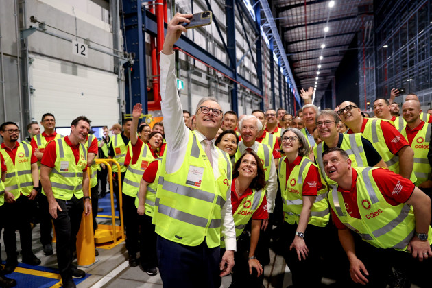 Prime Minister Anthony Albanese and the Coles team at the opening of the Kemps Creek ADC.