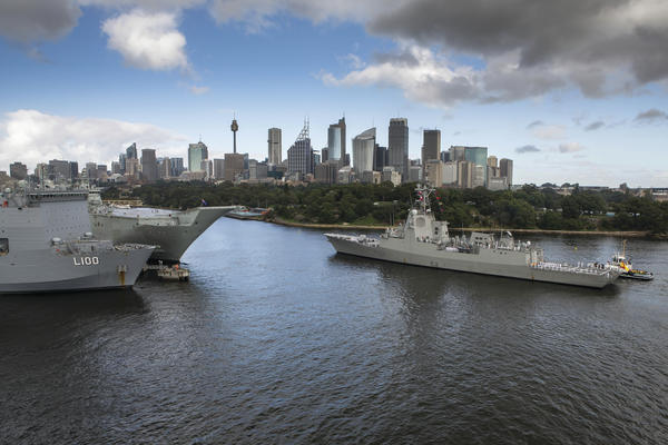 ESPS Cristobal Colon of the Spanish Armada approaches Fleet Base East, Sydney, passing HMA Ships Choules and Canberra. Credit: Defence