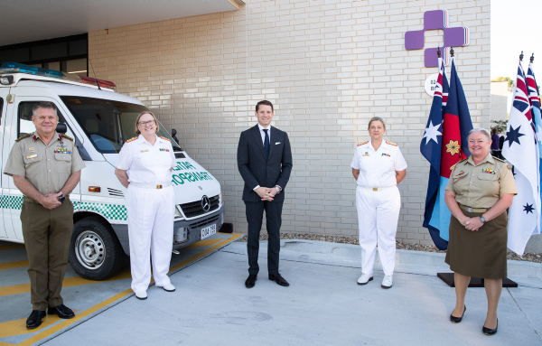 Assistant Minister for Defence Andrew Hastie with Rear Admiral Sarah Sharkey (centre right), Commander of Joint Health Command, after the ACT Health Centre official opening at Duntroon, Canberra, on Thursday, 31 March. (Defence)
