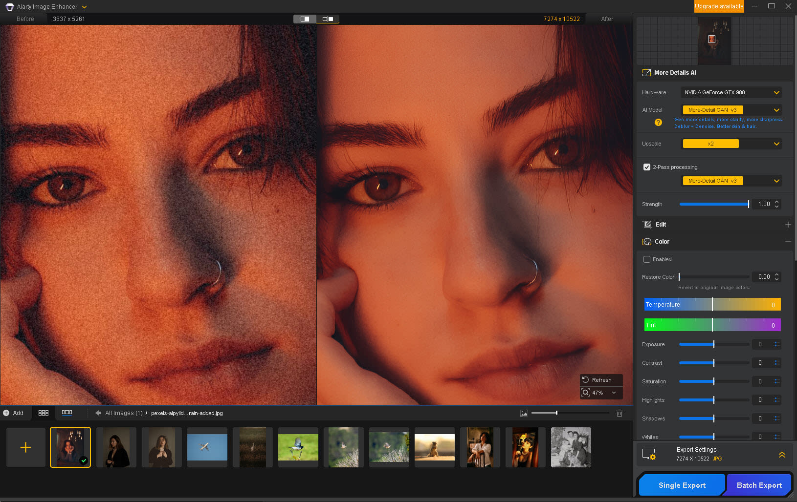 Reducing noise in a low-light camera photo in Aiarty