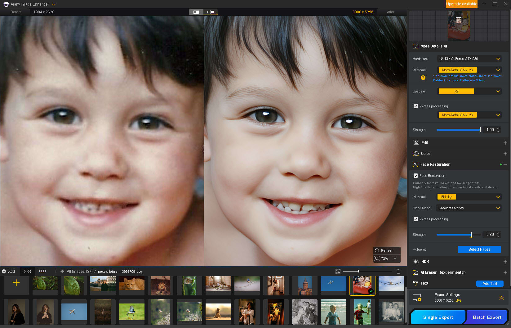 Enhancing details in an older, low-resolution photo in Aiarty