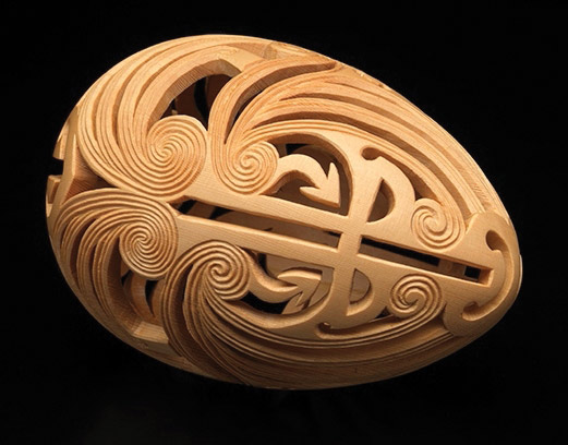 Adrian Potter, Moko, 2006, 136 x 90mm dia, Huon pine. &lsquo;Ta Moko is the name for the incredibly beautiful traditional tattooing on Maori faces.&rsquo; Inspired also by Physical-Spiritual, a carving by Matthew Harding.
Photo: Grant Hancock.
