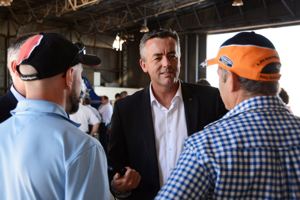 Minister for Infrastructure and Transport Darren Chester chats with general aviation people at Tamworth. (Steve Hitchen)