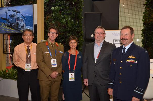 (L-R) Snr BDM Australian High Commission Chris Soh, Team Defence Australia Chef de Mission MAJGEN Andrew Matthewson, A/g Snr Trade & Investment Commissioner Prerana Mehta, Australian High Commissioner to Singapore Bruce Gosper, and Chief of Air Force AM Leo Davies. Credit: ADM David Jones