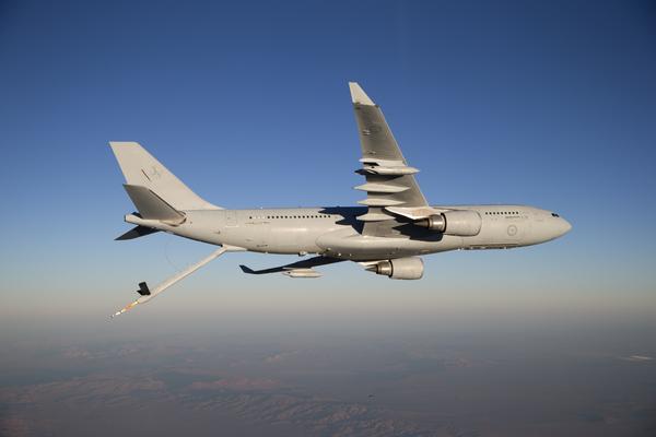 A RAAF KC-30A MRTT with refuelling probe extended during trials.  Credit: Defence