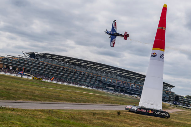 Hall rounds a pylon in front of the grandstand at Ascot on his way to a stunning time in the final. (Joerg Mitter/Red Bull Content Pool)