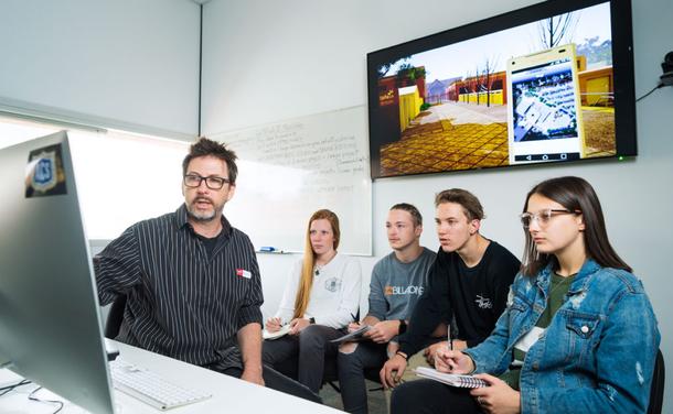 TAFE SA Principal Lecturer in Creative Studies Mark Wilson with screen and media students. Credit: Juan Photography 2013